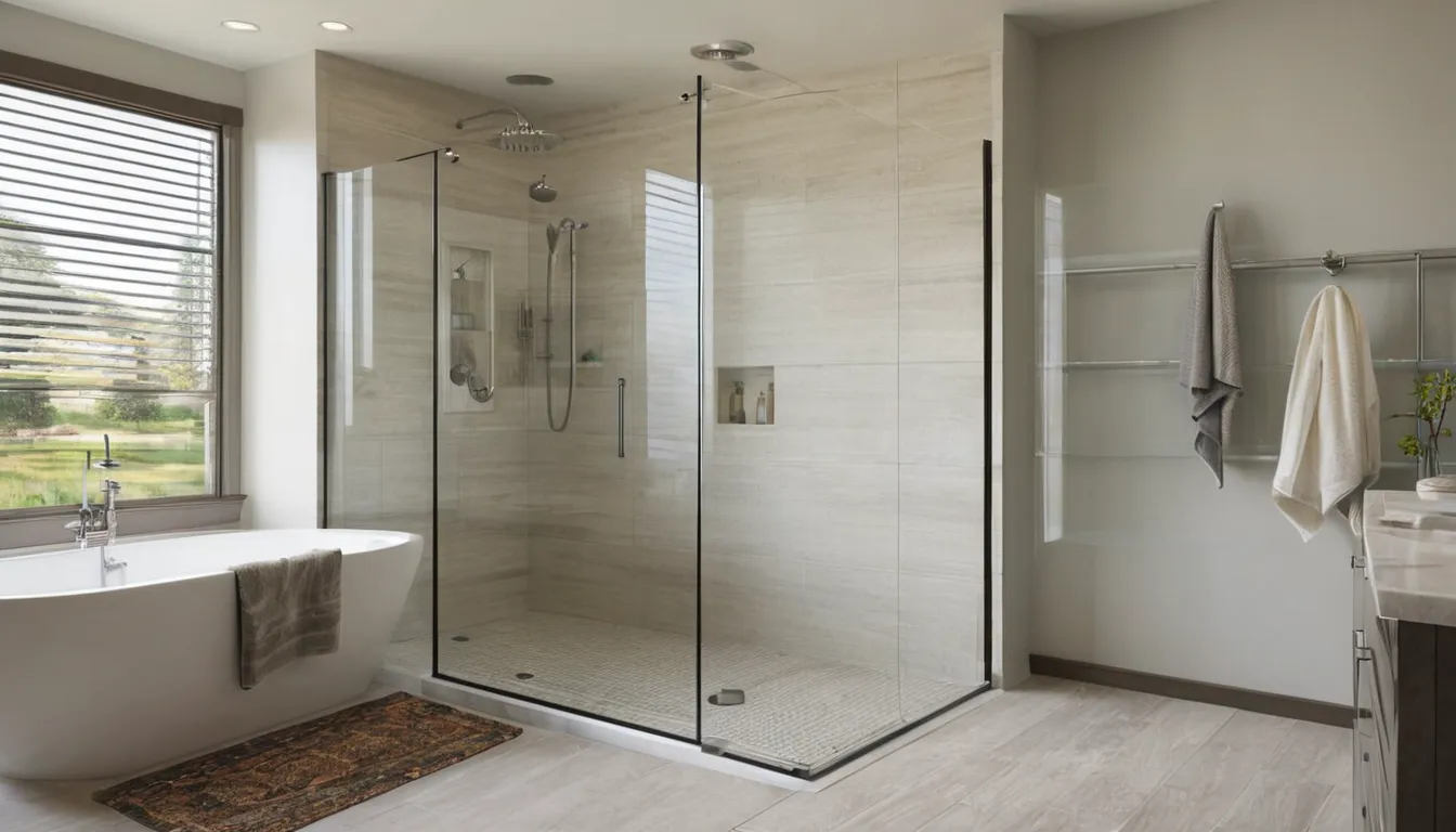 Low-entry walk-in shower with grab bar and bench in a bright San Leandro home bathroom